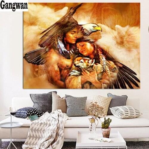 Diy 5d diamond mazayka indian couple diamond painting wolf with eagle dimond painting full square/round drill embroidery decor