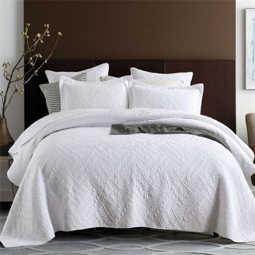 White Bedspreads Cotton Quilt Set 3pcs Embroidered Quilts Solid Color Bed Cover King Queen Quilted Coverlet Blanket CHAUSUB