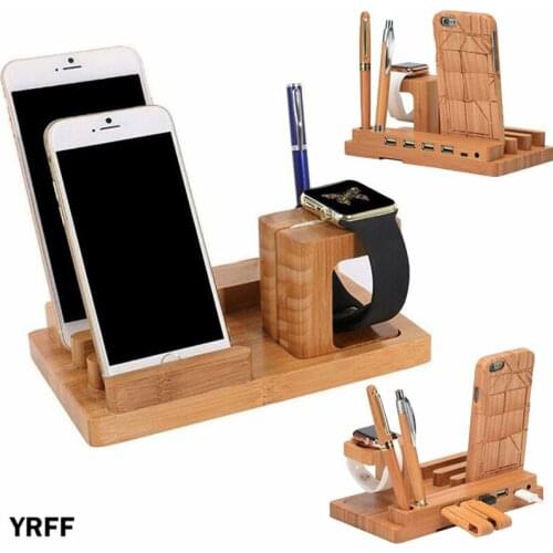 Wood USB Charging Station Charger Dock Stand Holder For Apple Watch iPhone 6S 6 7 8 Tablet Phone Socket Mount Multi-Function