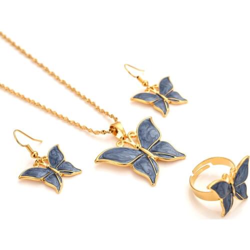 Dubai India 14 k Fine Gold GF Pendant Necklace earrings rings Women butterfly Papua New party Jewelry sets Black Blue Green gift