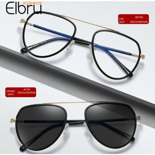 Elbru Vintage Pilot Metal TR90 Glasses Frame Retro Fashion Men Women Oval Eyewear Intelligent Color Change Lens Plain Glasses