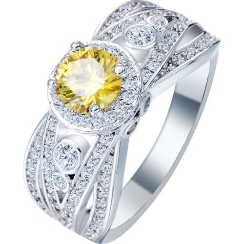 Hainon Fashion Promise Rings Yellow Zircon Silver Color New Jewelry Princess Crystal Women Engagement Wedding Ring