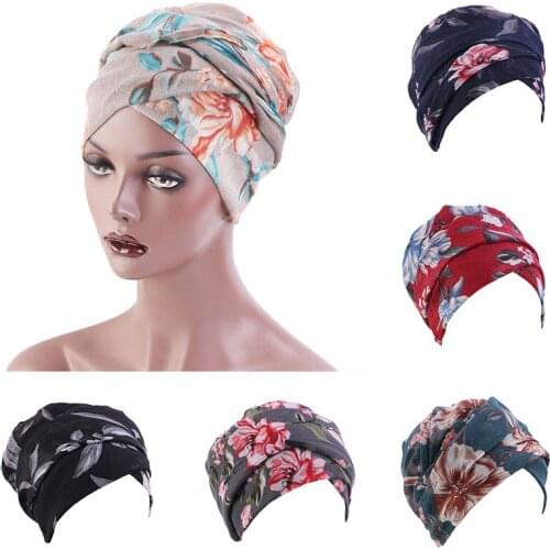 2021 Trendy Suede Turban Caps For Women Flower Print Muslim Hijab Scarf India African Head Wraps Turbante Mujer Headscarf Bonnet