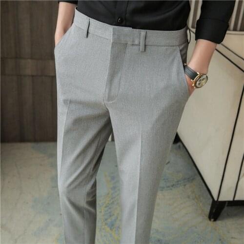 Mens Trousers Solid Color Capris Drop Feeling Elastic Small Leg Light Gray Business Suit Men Fashion Leisure Hot Sale