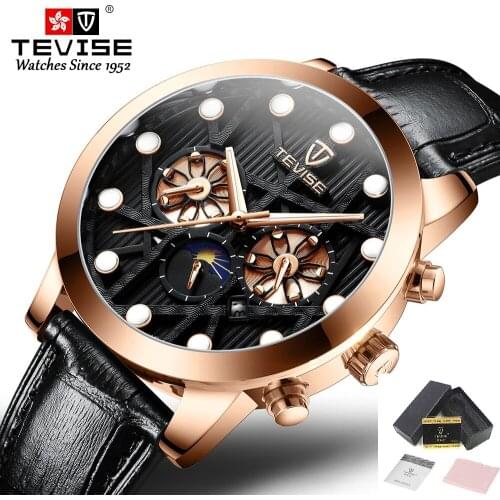 Man Watch Automatic Movement TEVISE T850 Mechanical Watch Moon Phase Week Date Month Waterproof Business Watch Leather Strap