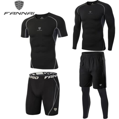 FANNAI Mens Compression Sport Suit Men Basketball Soccer Training Tights Gym Fitness Running T-Shirt Homme Athletic Shorts AM333