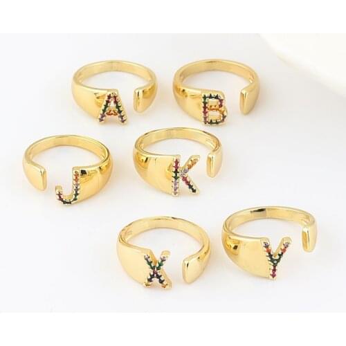 Hollow A-Z Letter Gold Color Pure Copper Adjustable Opening Ring Initials Name Alphabet Female Party Chunky Wide Trendy Jewelry