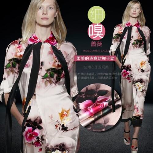PRINTED SILK STRETCH SATIN 118cm width 19momme/Pure Mulberry Floral Silk Tissus For Wedding Dress/Shirts Sewing Rosy Fragrance