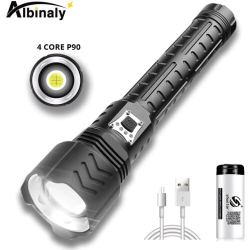 Super Bright 4 Core P90 LED Flashlight With Battery Display Portable outdoor waterproof light Suitable for camping, adventure