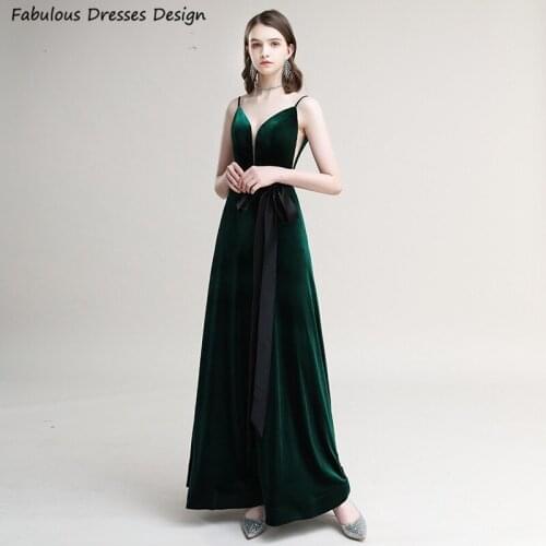Deep Green Ankle Length Prom Dresses 2021 Spaghetti Strap V-neck Evening Dress Party Gowns For Women A Line Vestido De Festa