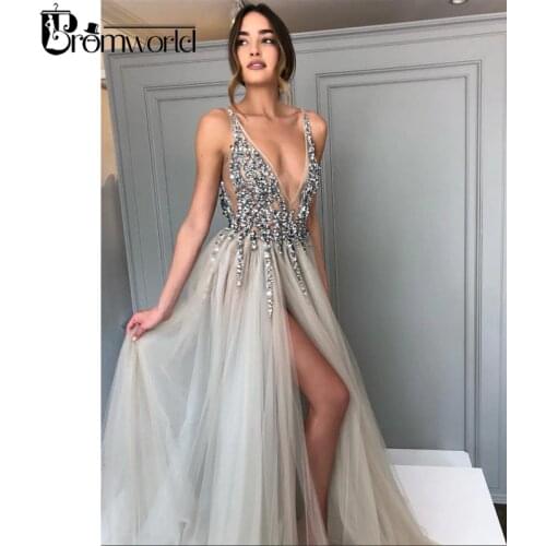 Promworld Backless Grey Evening Dresses 2020 Sexy Prom Dresses with Slit Rhinestone Tulle See Through Long Evening Gowns