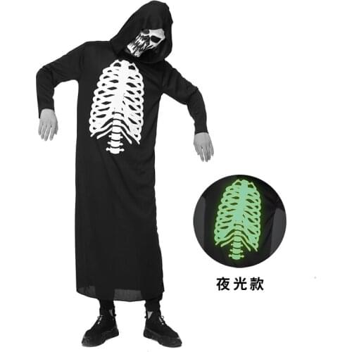 Adult Halloween Skeleton Bone Costume Glow In The Dark Ghost Black Robe Kids Party Dress Up Unisex Scary Ghost Face Costume