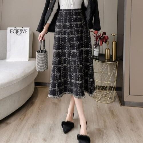New Arrivals Skirt Autumn Winter 2021 High Waist Plaid Vintage Black Elegant Midi Knitted Skirts For Women Bottoms