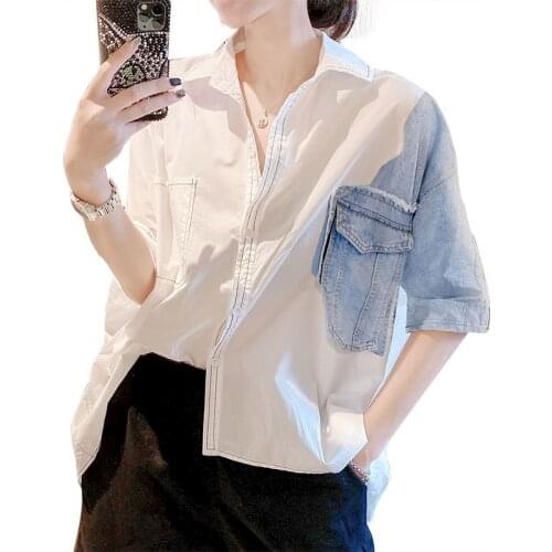 Womens Shirts Cowboy Stitching White Shirts Female Fake Two-piece Blouse 2021 Summer Short Sleeve Shirts Fashion Clothing Women