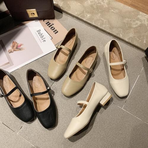 2021 New Women Low Heel Shoes Square Toe Retro Mary Janes Pumps Casual Spring Autumn Lady Weekly Shoes Size 35-40
