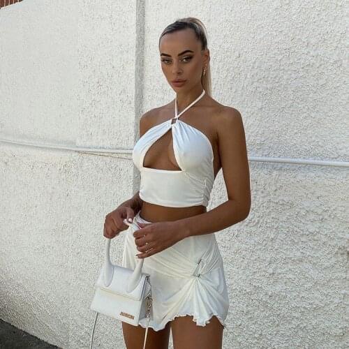 Bangniweigou halter crop top pin ruched skirt two piece sets women summer sexy slim cutout tops mini skirts white solid outfits