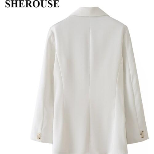 SHEROUSE Women Fashion With Pockets Single Breasted Solid Office Lady Blazer Notched Neck Vintage Female Coats Chic Tops
