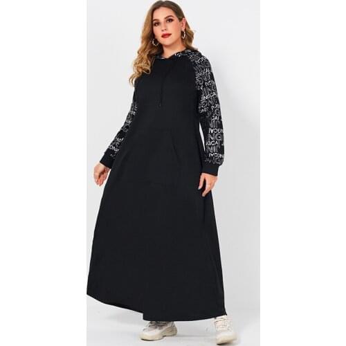 New Ladies Fashion Casual Silver Letter Printing Long Sleeve Stitching Hooded Drawstring Loose Sweater Sports Black Maxi Dress