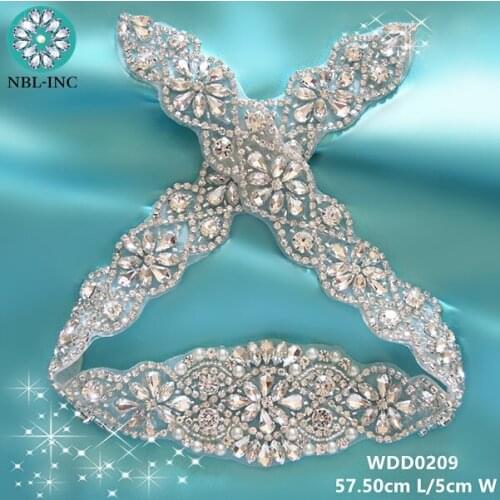10pcs) Handmade bridal silver clear beaded crystal rhinestone appliques iron on for wedding dresses DIY sash belt WDD0209