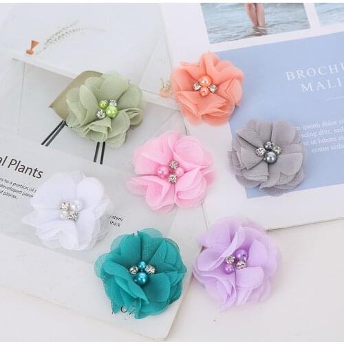 10PCS Pearl Rhinestone Chiffon flowers Hair Accessories DIY Flower Bouquet Flowers Decorations No Hair clips for headband