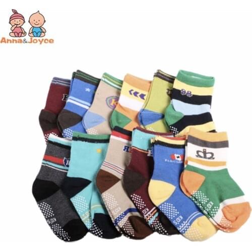12 Pairs/lot ) 100% Cotton Baby Socks Rubber Slip-resistant Floor Socks Cartoon Small Kids Socks 1-3 Years