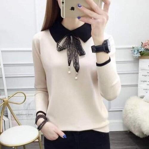 2021 Women Solid Casual Bow Peter Pan Collar Sweater Female Fashion Elegant Vintage Pullovers Lady All-match Streetwear H202