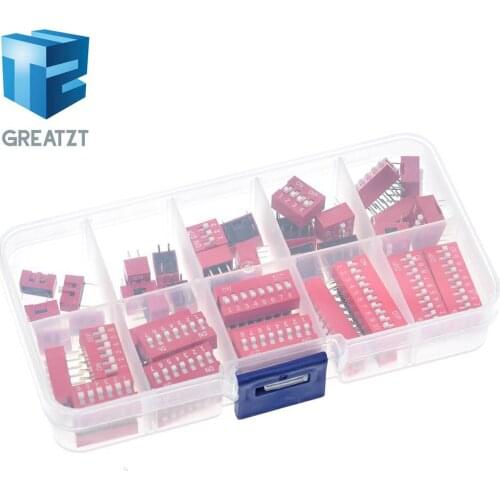 45PCS Dip Switch Kit In Box 1 2 3 4 5 6 7 8 10 Way 2.54mm Toggle Switch Red Snap Switches Mixed Kit Each 5PCS Combination Set