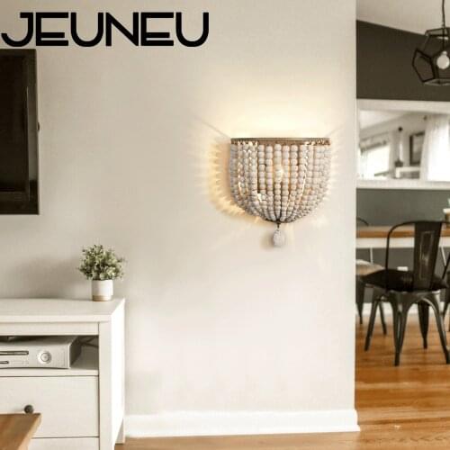 European Retro Wall Lamp LED E14 Wooden Beads Wall Lights Bedroom Bedside Cafe Makeup Room Personality Decorative Lighting