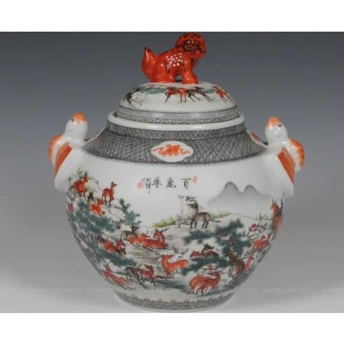 Jingdezhen porcelain HAND PAINT a hunred deers famille rose porcelain vase with bat and lion figure have certification