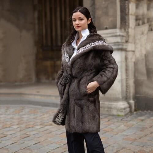 Ftangaiur 2019 Winter Women Russian Sable Gypsophila Mink Coat With Hood Custom-Made Womens luxury Medium Real Mink Fur Coats