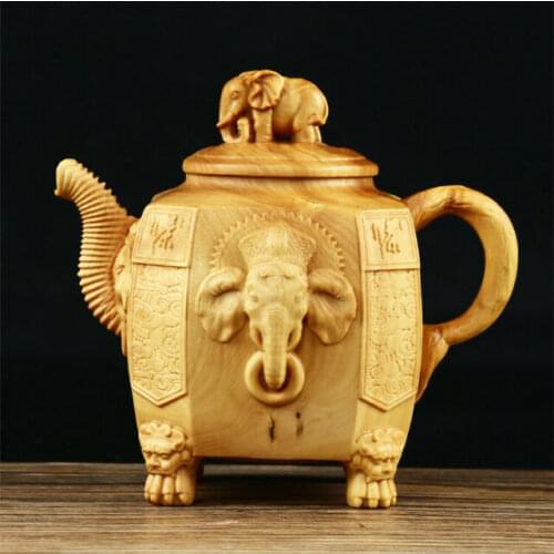 Chinese Box-wood Hand-carved Animal Elephant God Teapot Teakettle Tea-urn Statue