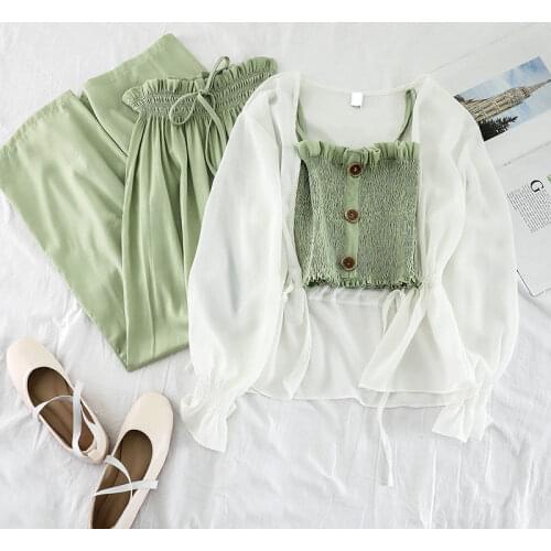 3 Piece Set Women Summer White Long Sleeve Cardigan Coat Loose Wide Leg Pants Tube Top 3 Piece Set for Femme Ropa Para Mujer 288