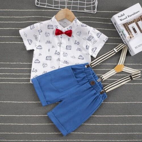 Summer Little Boys Shirt Shorts Set, Toddlers Car Printing Short Sleeve Stand Collar Bow Tie Top + Suspender Short Trousers
