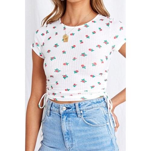 Hot selling fashion printed short sleeve T-shirt womens drawstring open navel round neck casual top