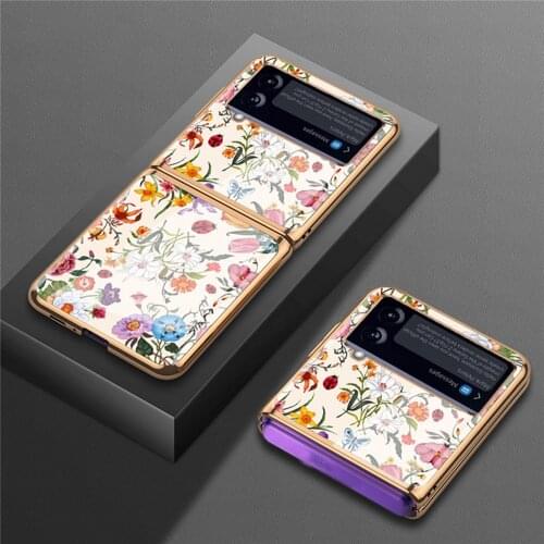 Fashion Electroplated Glass Phone Case for Samsung Galaxy Z Flip 3 Retro Floral Pattern Phone Cover Protector