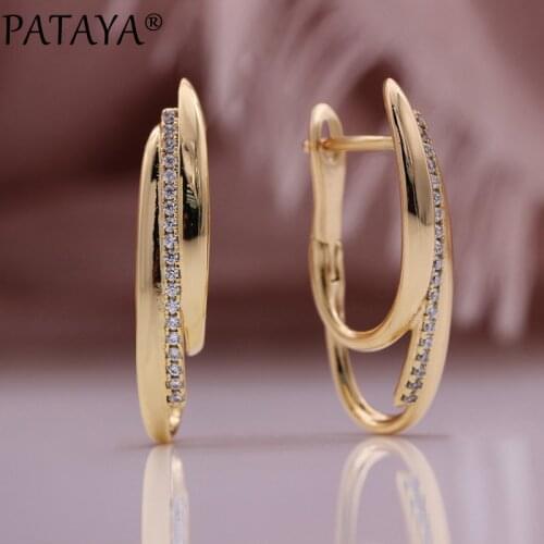 PATAYA New Trend Unusual Women Party Fashion Jewelry 585 Rose Gold Glossy Metal Earrings Natural Zircon Long Oval Drop Earrings