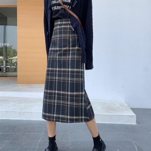 Fall High Waist All Amtch Straight Plaid Skirt Woman 2021 Chic Designed Fashion Split Jupe Skirt Autumn Elegant Mujer Faldas
