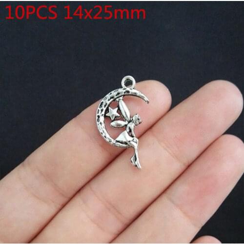 10Pcs/Lot 14x25mm Moon and Fairy Charms Antique Silver Color Tone Jewelry Findings DIY Metal Bracelet Handmade Making Supplies