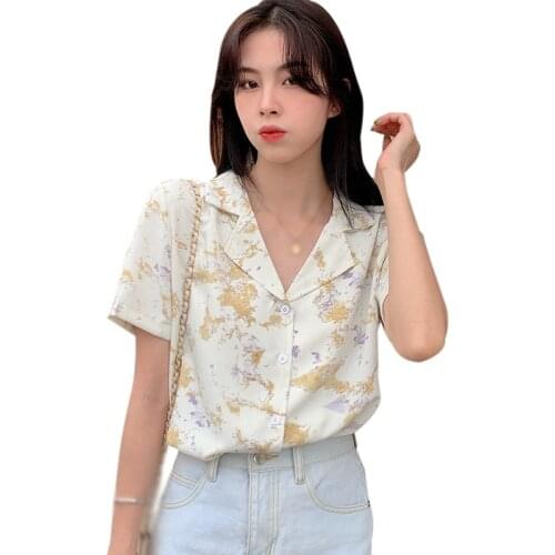 Womens Tie-Dyed Print Shirt Summer Notched Casual Loose Short Sleeve Chiffon Tops 2021