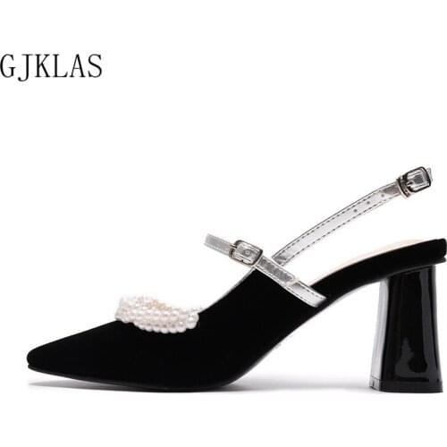 Pearl High Heels Shoes Women Sandals Black Ladies Shoes Summer Sandals Pointed Toe Comfort Fashion Women Shoes Chunky Heels