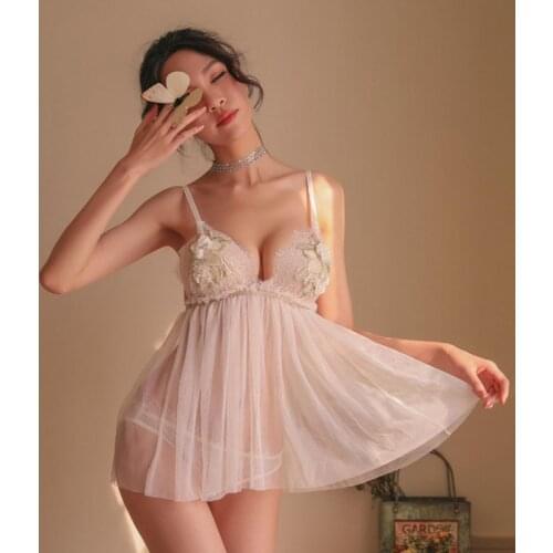Sexy Womens Nightdress sleepwear Lingerie Deep V-Neck Mesh Yarn Embroidery Flowers Perspective Seduction Strap Mesh sloth