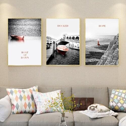 Nordic Style Modern Landscape Painting Boat At Dawn Hope Lighthouse Print On Canvas Wall Art Poster Home Decoration Unframed