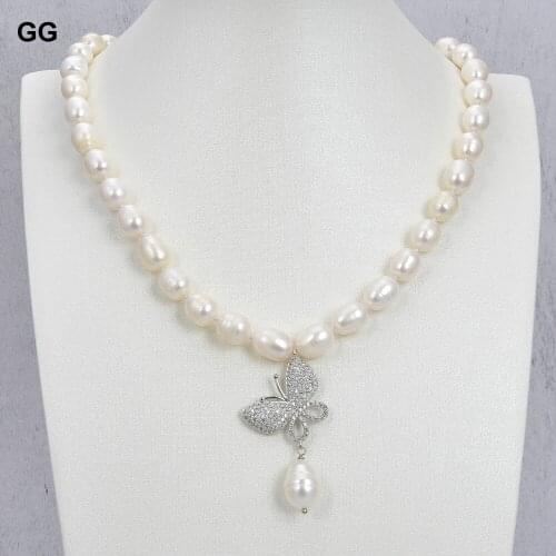 GuaiGuai Jewelry 18.5" 10x13mm White Rice Freshwater Pearl Necklace Butterfly Cz Pendant