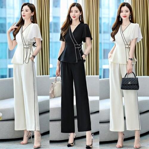 Two-piece Set Korean Style Womens Blazer Summer Fashion Belts Colorful Elegant Loose Short Sleeve Blazers Wide Leg Pants Suits