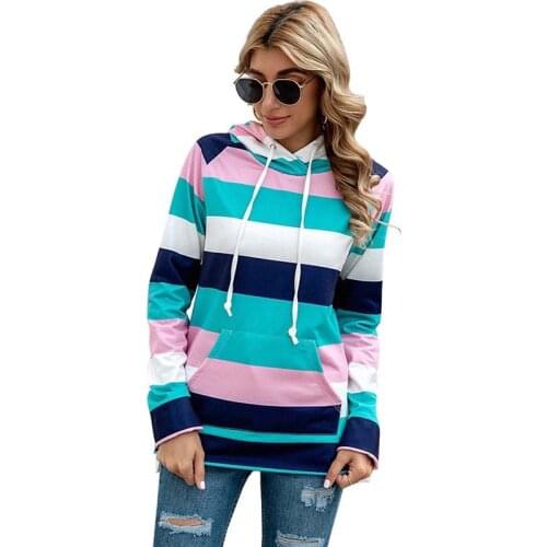 Women Striped Hooded Sweatshirt Long Sleeve Plus Size Casual Loose Ladies Pullover Pocket Hoodie Top