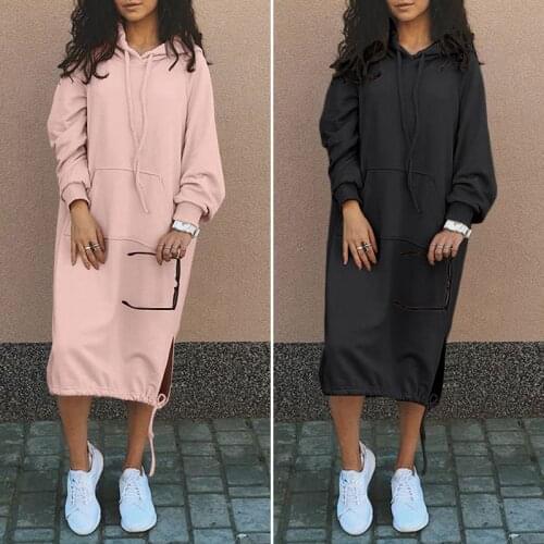 Celmia Winter Women Hoodies Sweatshirt Dress 2021 Fashion Robe Long Sleeve Fleece Dresses Solid Drawstring Hooded Vestidos 5XL