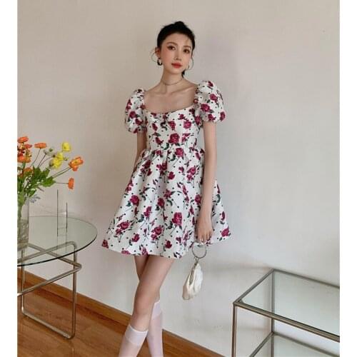 2021 New Princess High Waist Puff Sleeve Retro Square Collar Rose Flower Slim Puffy Mini Party Dress Ladies