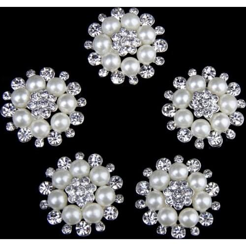 5 Rhinestone Pearl Flower Buttons Flatback Craft Embellishment