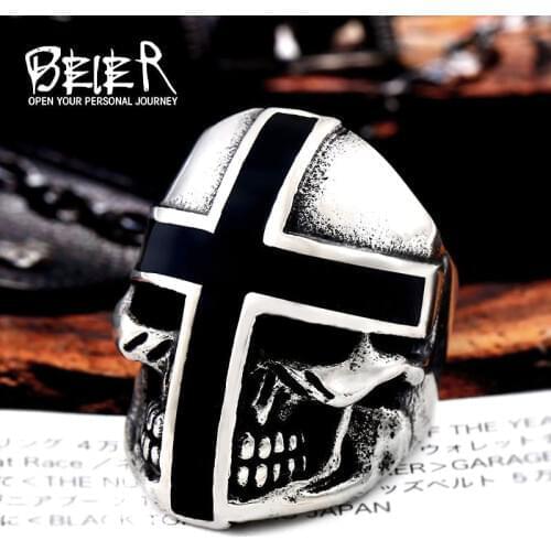 BEIER Brand Design Cool Cross Skull Ring For Man Stainless Steel Personality Biker Punk Mans Jewelry BR8-361