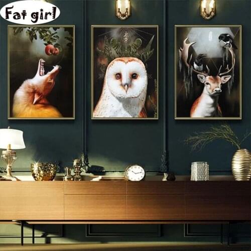 Home decoration 3 Pieces Deer and owl diamond Painting Modular mosaic rhinestone Pictures 5D DIY Living Room diamond embroidery